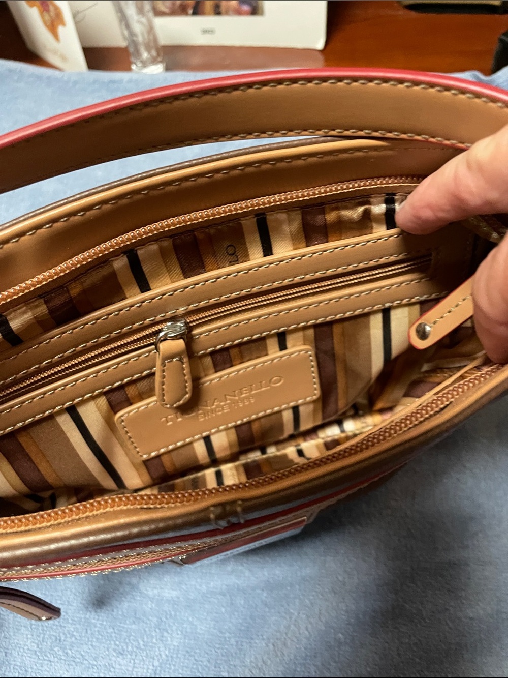 Tignanello Tan and Brown Leather Crossbody with Striped Lining - Picture 3 of 8